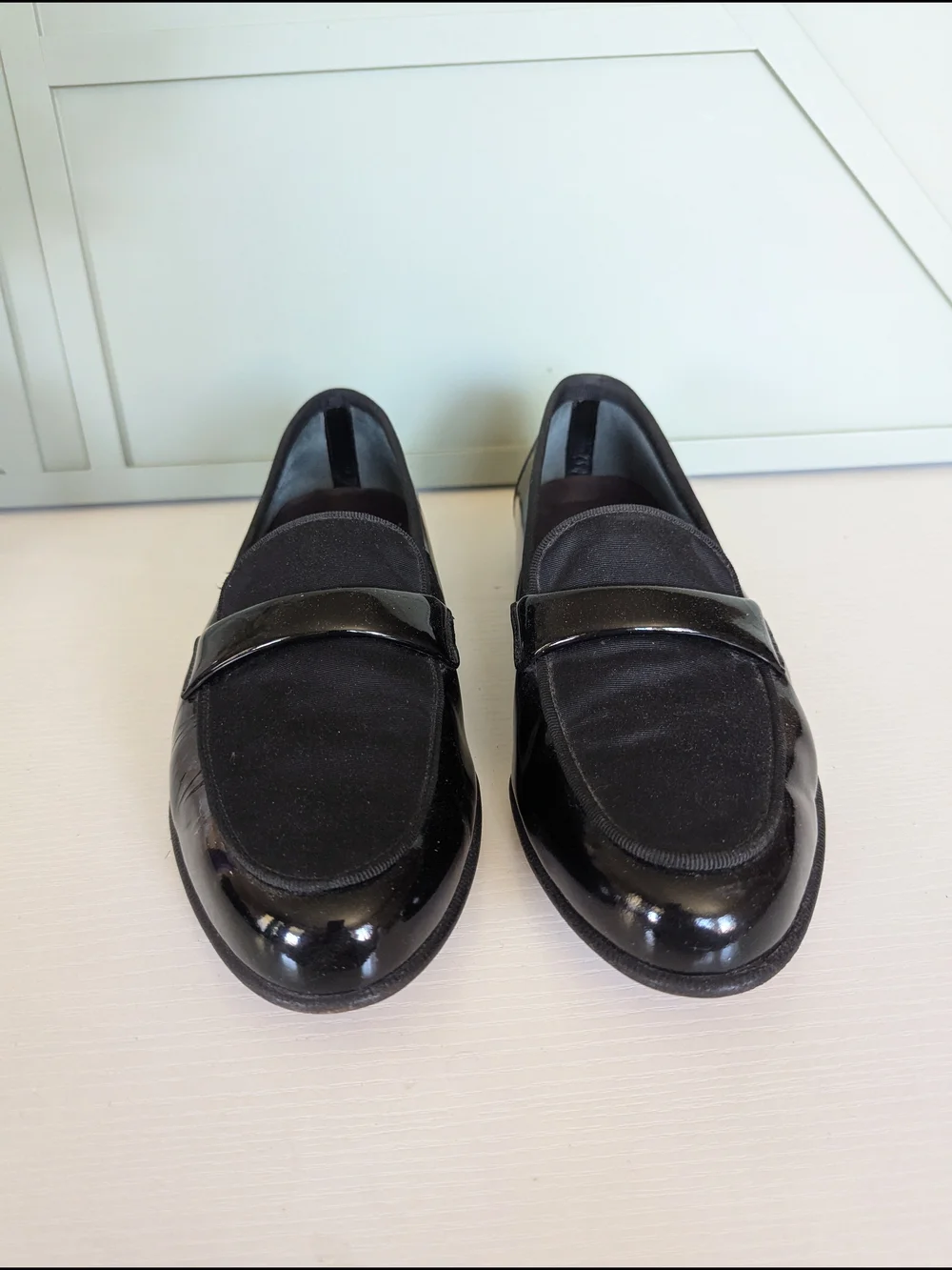 Salvatore Ferragamo Black Patent & Fabric Slip-On Loafers